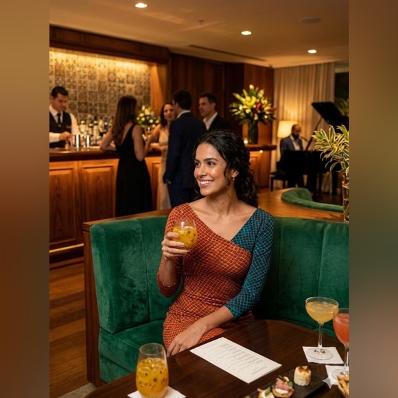 RACHEL Roy Chic Dark Gold/Rust & Teal Combo Dress w/Ruching on One Side ( L) NWT - Picture 6 of 14